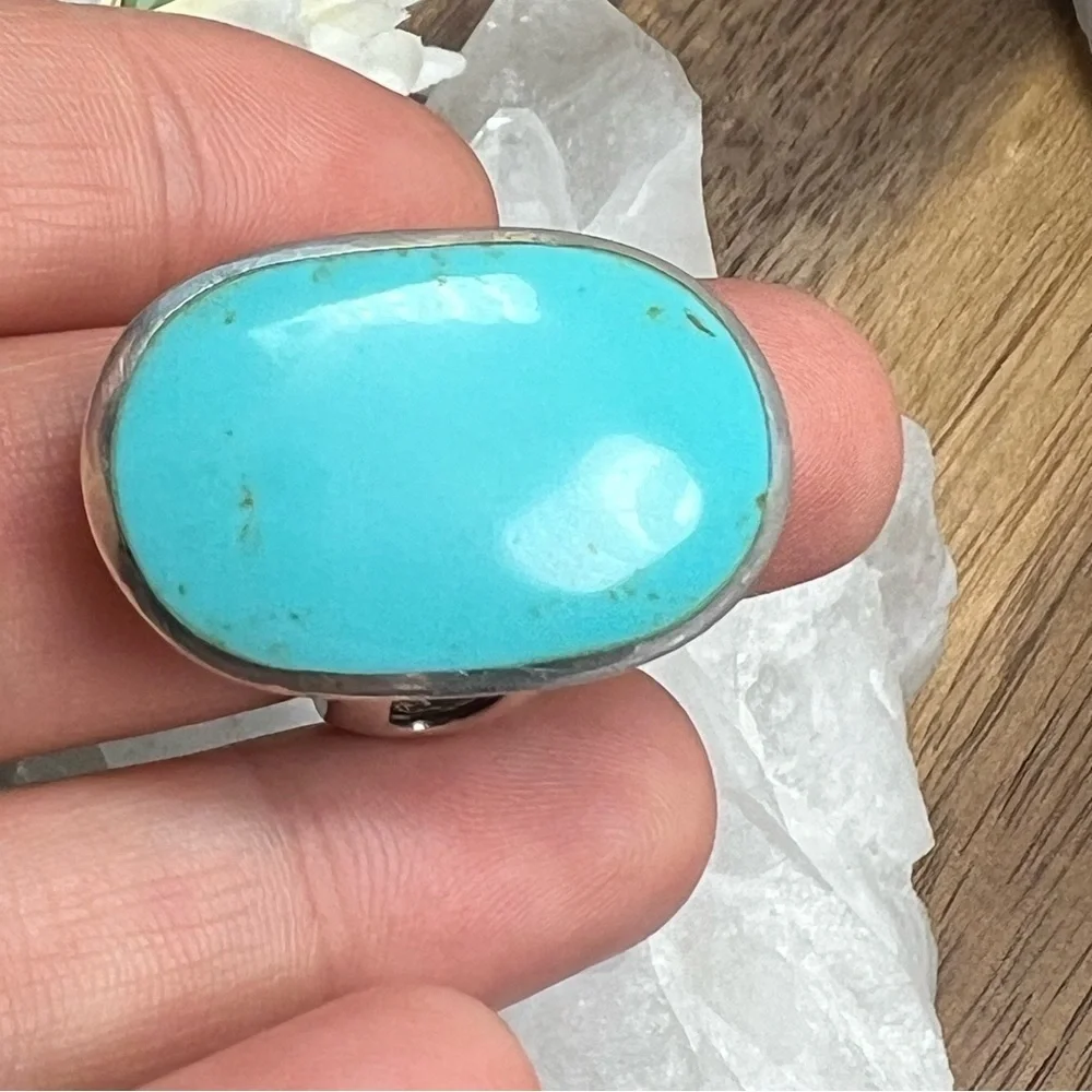 VINTAGE Turquoise Ring Size 7 Solid Sterling Silver 925 Chunky Ring - Picture 8 of 11